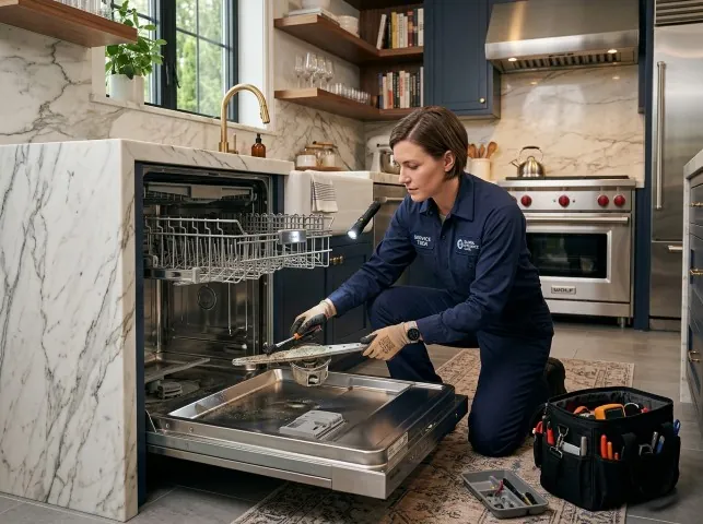 Appliance Repair Hero technician servicing a built-in dishwasher in a Austin, TX kitchen