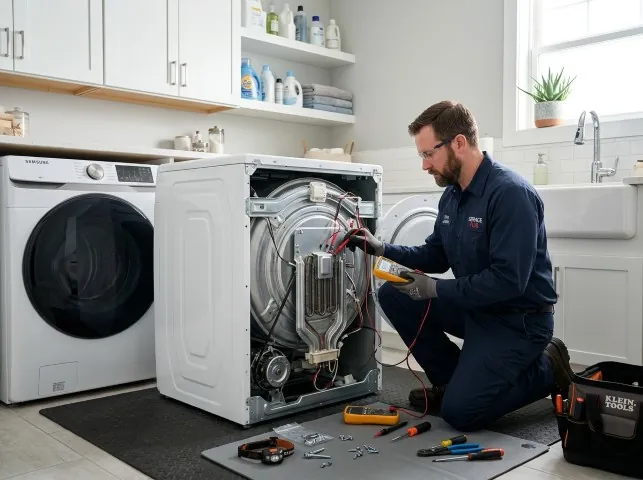 Appliance Repair Hero technician checking a dryer heating element with the rear panel off in Austin, TX