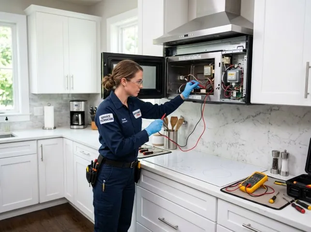 Appliance Repair Hero technician testing an over-the-range microwave in a Austin, TX kitchen