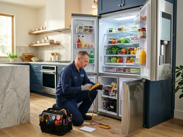 Appliance Repair Hero refrigerator technician testing a fridge on a Austin, TX service call
