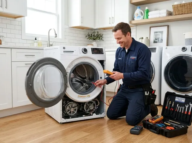 Appliance Repair Hero technician testing a front-load washer with a multimeter on a Austin, TX service call